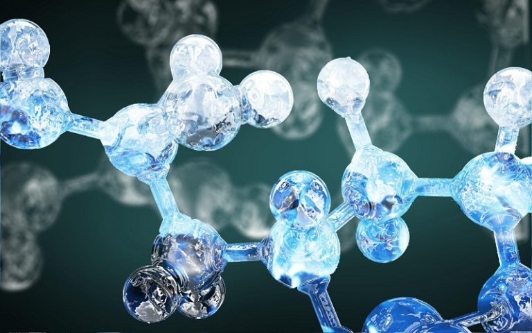 Science Homework Help: Molecular Model with Blue and White Bubbles A molecule with blue and white bubbles, representing a Science Assignment Help concept
