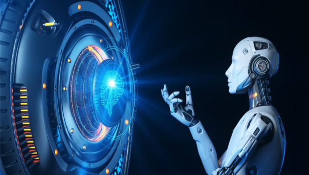 Exploring Artificial Intelligence Concepts with Futuristic Devices A robot pointing at a futuristic device, showcasing an artificial intelligence Assisgnment Help concept