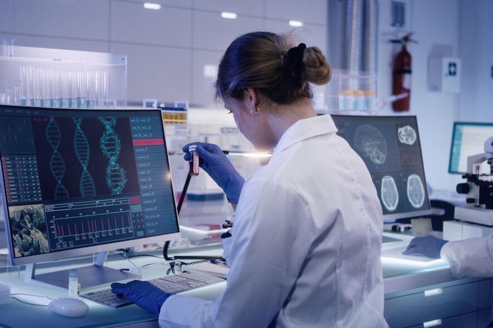 Bioinformatics Student Analyzing Samples in Advanced Laboratory For Homework Help A bioinformatics student wearing a lab coat and blue gloves analyzes a sample in a test tube at a laboratory workstation. Two screens in front of her display DNA sequences and brain scans, highlighting the Bioinformatics Homework Help Concept. The lab is equipped with various scientific instruments and equipment.