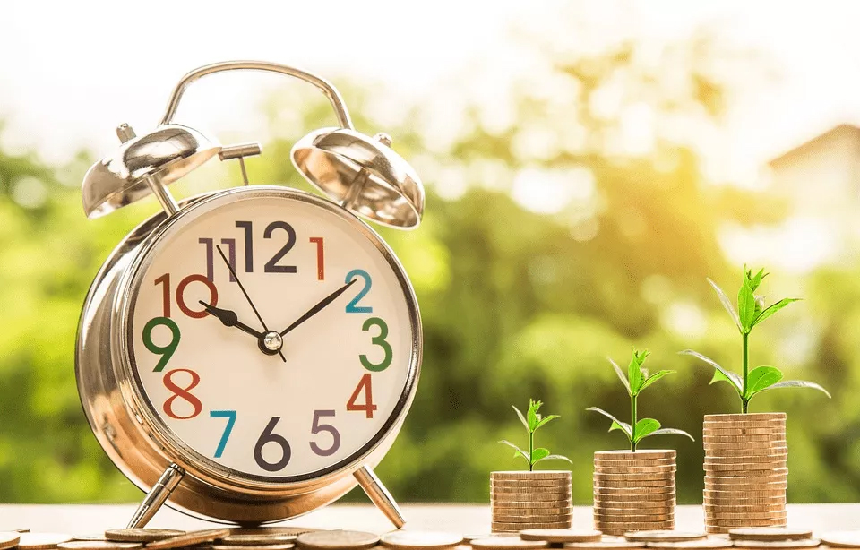 Time and Growth: Symbolizing Business Prosperity A clock and coins covered in plants, symbolizing growth and prosperity in a Business Homework Help concept
