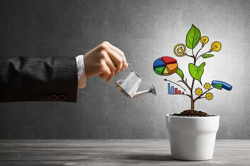 Businessman Nurturing Growth: Financial Planning with Money and Business Symbols A businessman watering a plant with money and business symbols, representing the concept of financial planning