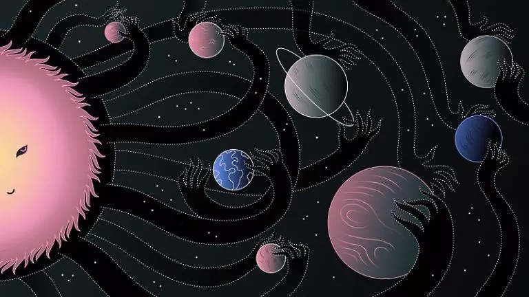 Exploring Gravitation concept: Cartoon Illustration of Solar System Dynamics Illustration of a cartoon sun with orbiting planets, demonstrating Gravitation Assignment Help concept