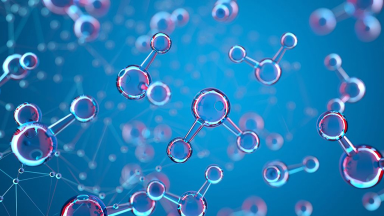 illustration of molecules on a blue background representing physical chemistry concept 3D rendering of molecules on a blue background. Illustration representing physical chemistry