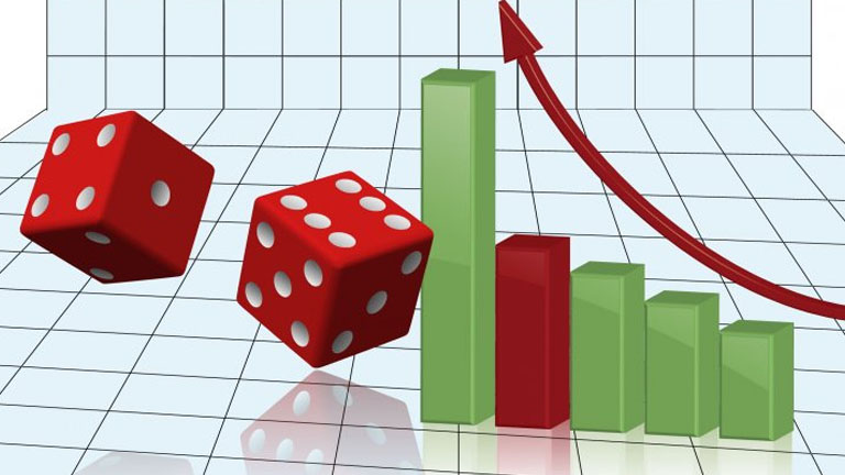 Understanding Probability: Red Dice and Upward Arrow on Graph for Probability Assignment A red dice falls down a graph as an arrow points upwards, representing the probability assignment concept