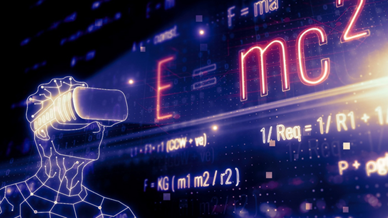 Man with VR Headset Engaged in Relativity Assignment Concepts A man wearing a VR headset and looking at a computer screen, engaged in a relativity assignment concept